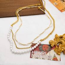 18K Gold Plated Stainless Steel Vintage Snake Bone Wrapped Pearl Necklace, Layered Choker Necklace, Elegant Gift For Women, Suitable For Daily Wear Or Christmas Gift - Gold - View 1