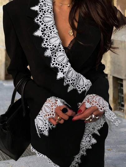 New Spring/Summer Arrival, Black & White Contrast Lace Patchwork Blazer Jacket: Elegant Office Wear, Detachable Lace Design, Slim Fit, Notched Lapel, Suitable For Workplace, Gatherings, Light Social Occasions, Casual Outings