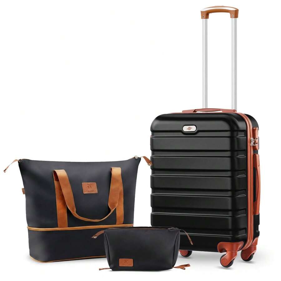 三件套登机行李箱：20英寸航空认证硬壳行李箱，带静音万向轮+手提袋+洗漱包，轻便旅行套装，适用于飞机、商务、休闲旅行、短途旅行和日常使用。行李箱、拉杆箱、万向轮行李箱、旅行箱、旅行箱、行李箱、带轮登机箱、男士旅行必备、女士旅行必备、度假旅行、商务旅行、大容量旅行必备、旅行配件、旅行收纳、旅行用品 - 黑棕色 - 查看 1