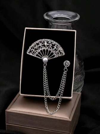 1pc Unisex Rhinestone & Pearl Fan Shaped Brooch, Suitable For Various Festivals And Daily Wear