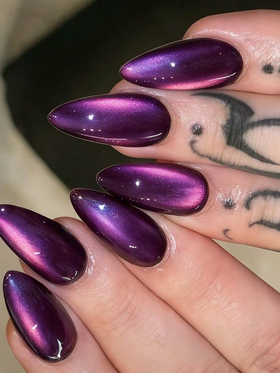 10pcs Medium Almond Shaped Press-On Nails, Instantly Elevate Your Look! Mysterious Elegant Purple Glitter Crystal Cat Eye Press-On Nails, Luxury Midnight Purple Cat Eye Glitter False Nails, Full Coverage Fake Nails Suitable For Women And Girls. Includes 1 Adhesive Sticker Sheet And 1 Mini Jelly Gel Strip. Randomly Shipped. - Purple - View 1