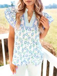 Floral Blouse Women's White And Blue, Eyelet Embroidery V-Neck Romantic Top, Spring Easter Garden Party Date Outfit - 混合色 - 查看 2