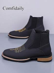 Men's New Chelsea Boots For Winter, Fashion Commuter Boots, British Style Embroidery Pull-On Casual Ankle Boots - Black - View 10