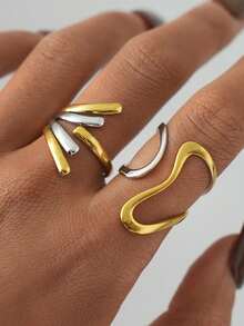 Frminee 2pcs/1pc Vintage Women's Gold And Silver Melange Stainless Steel Ring Jewelry, Chunky Line Statement Ring Jewelry - Gold and Silver Mixed Color - View 2