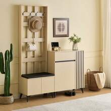 Combination Set: Modern Wardrobe With Bench & Sideboard/Shoe Cabinet – Stylish Storage Solution For Hallway, Living Room And Bedroom - 卡其色 - 查看 4