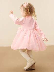 mini bala 2026年冬季女童薄纱连衣裙，甜美公主高领连衣裙 - 白紅色 - 查看 3