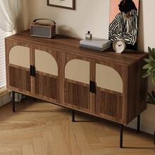 Sideboard 140 x 40 x 80 cm aus MDF mit Rattan und Walnuss Optik, Kommode mit vier Türen und Metallbeinen, Stauraummöbel für Wohnzimmer Esszimmer Flur im Retro Stil - Braun - Übersicht 9