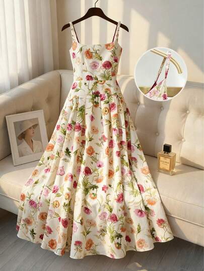 Women's Satin-Colored Soft Sleeveless Long Dress, Spaghetti Strap Vest-Neck Woven Mid-Length Dress, With Belt, Regular Hem Summer Style Vacation