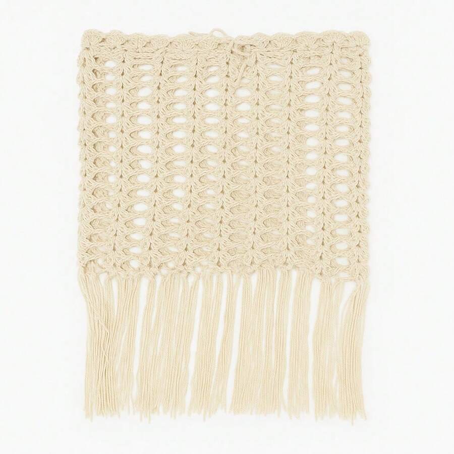 Handmade Crochet Beach Cover-Up - Fan Skirt With Fringe For Beach And Vacation - Sampanye - View 1