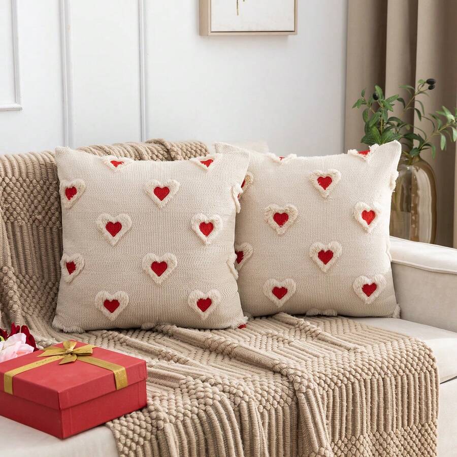 2个/1个毛绒刺绣心形抱枕套，适用于家居装饰、客厅、卧室、沙发，四季皆宜 - 米色 - 查看 1
