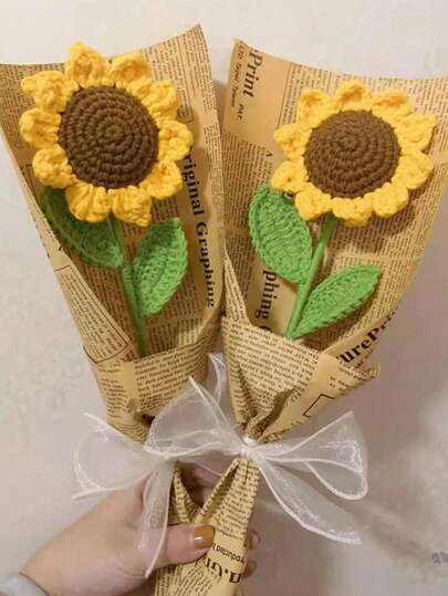 1支/3支/6支手工钩织向日葵花束，情人节、毕业典礼、母亲节、生日、圣诞节、节日、返校季礼物