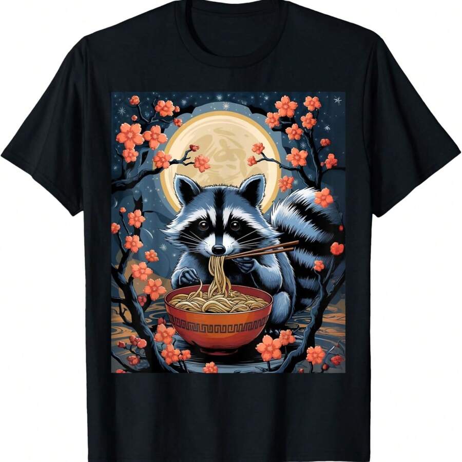 Cute Raccoon Eating Ramen Under Moon Cherry Blossom Art Kids T-Shirt - Negro - Ver 1