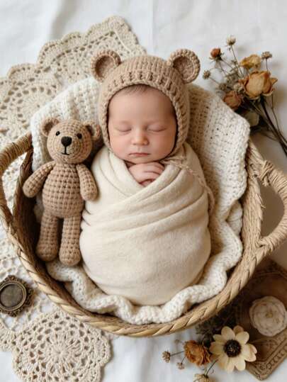 Newborn Photography Set, Includes: Woven Basket, Knitted Outfit, Bear Hat & Prop, Swaddle Blanket, Infant Wrap, Newborn First Photo/100 Days Celebration/Monthly Milestone Photography Props, Newborn Gift Set