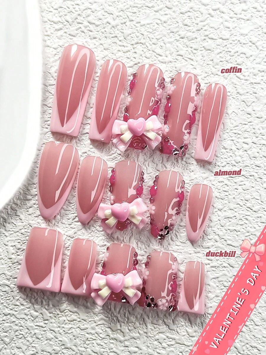 10pcs French Manicure Nail Stickers, Cute Nail Art Set, Petite 5-Petal Flowers, Pink Rhinestone Nail Decor, Pink Bow Nail Accessories, Nude Base, 3 Sizes: Almond, Duck Mouth, Coffin, Includes Tool Kit, Suitable For Women & Girls, Commute, Party, Valentine's Day, Daily Wear Nails Nail Supplies Handmade Press On Nails - 彩色 - 查看 1