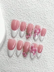 10pcs Handmade Floral Nail Stickers, French Manicure Set, Champagne Crystal Nail Decor, White Gel Nails, Nude Base, 3 Sizes: Almond, Duck Mouth, Coffin, Includes Tool Kit, Suitable For Women And Girls, Suitable For Outings, Parties, Daily Wear Nail Supplies Handmade Press On Nails - 彩色 - 查看 15