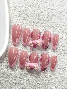 10pcs French Manicure Nail Stickers, Cute Nail Art Set, Petite 5-Petal Flowers, Pink Rhinestone Nail Decor, Pink Bow Nail Accessories, Nude Base, 3 Sizes: Almond, Duck Mouth, Coffin, Includes Tool Kit, Suitable For Women & Girls, Commute, Party, Valentine's Day, Daily Wear Nails Nail Supplies Handmade Press On Nails - 彩色 - 查看 15