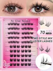 70pcs C-Curl Self-Adhesive False Eyelash Clusters, 2 Styles: Natural & Cartoon DIY, No Glue Or Makeup Remover Needed, Invisible Tape - More Durable, No Sticky Residue, Pre-Glued Fake Lashes - C - 查看 1