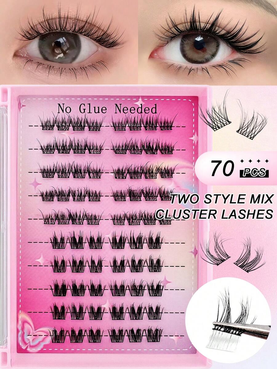 70pcs C-Curl Self-Adhesive False Eyelash Clusters, 2 Styles: Natural & Cartoon DIY, No Glue Or Makeup Remover Needed, Invisible Tape - More Durable, No Sticky Residue, Pre-Glued Fake Lashes - C - 查看 1
