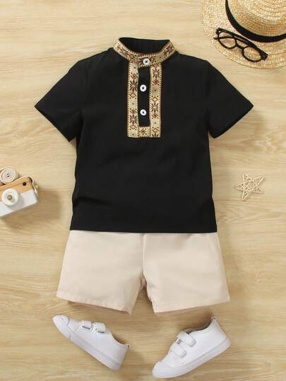 2-6岁男童时尚休闲纽扣半开襟立领短袖上衣和米色短裤两件套，夏季