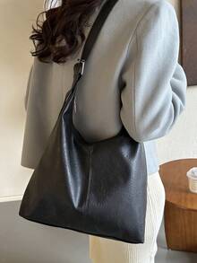حقيبة تسوق لون أحادي جديدة لعام 2026، تصميم نمطي بسيط لحمل تحت الذراع، حقيبة كتف ذات سعة كبيرة وأنيقة - الأسود - مشاهدة 7