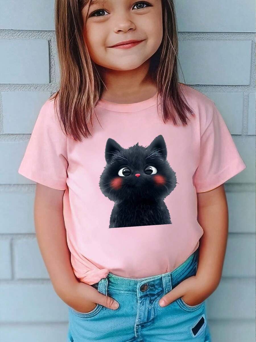 camiseta para niñas con estampado de gato negro y mejillas sonrojadas - Camiseta de manga corta suave y cómoda para el verano, estilo casual y moderno, tejido de punto con cuello redondo, perfecta para los conjuntos veraniegos de las más pequeñas, ropa con diseño de gatos. - Rosa - Ver 1