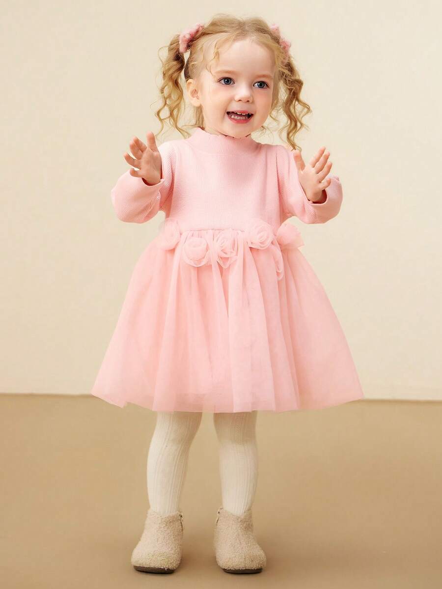 mini bala 2026年冬季女童薄纱连衣裙,甜美公主高领连衣裙 - 白紅色 - 查看 1