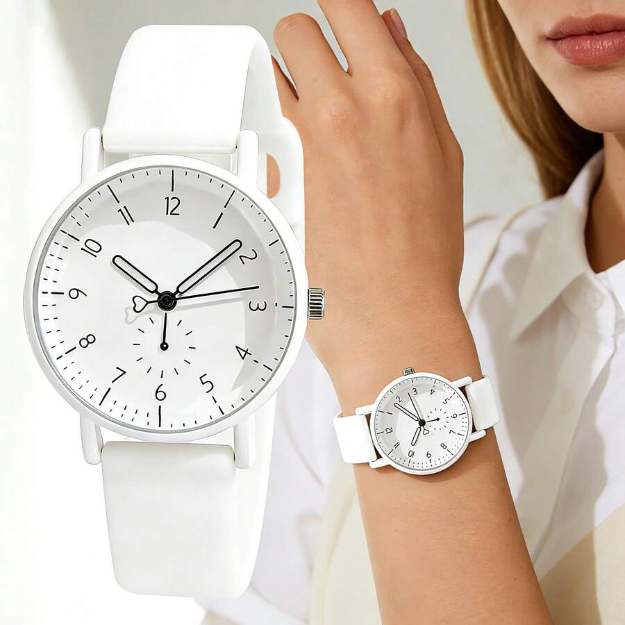 1 pieza Reloj de pulsera de cuarzo con correa de silicona elegante y fresca para mujer, regalo de estudiante, regalo de vacaciones, esfera con números arábigos - Blanco - Ver 1