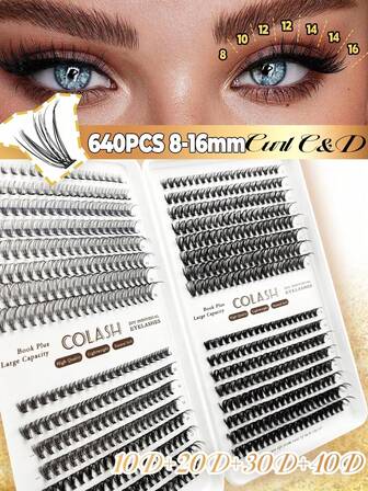 Winged Effect Lengthening Cluster Eyelash Book, 640pcs Voluminous False Eyelashes Kit In 8/10/12/14/16mm, Silky Lightweight Handmade Feathery Tapered Ends, Cat Eye Glamour Party Banquet Date Night Must-Have,10D/20D/30D/40D