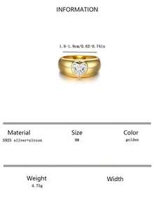 1枚欧美风格S925纯银心形锆石镶嵌宽戒指，适合婚礼、派对、日常佩戴，亦可作为情人节礼物。