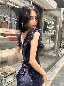 [Y6Y] Elegant Casual Polka Dot Chiffon A-Line Maxi Dress, Ruffle Short Sleeve, Square Neck Flared Hem Dress