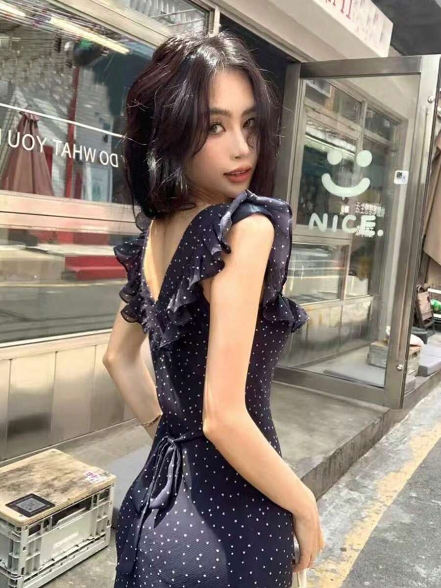 [Y6Y] Elegant Casual Polka Dot Chiffon A-Line Maxi Dress, Ruffle Short Sleeve, Square Neck Flared Hem Dress