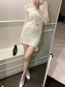 休闲百搭纯色系带长袖针织开衫 - 杏色 - 查看 6