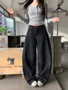 复古美式宽松阔腿喇叭牛仔裤 - 黑色 - 查看 2