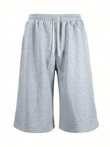 Men's Casual Loose Fit Drawstring Pants With Side Pockets, 3/4 Length, Suitable For Men's Fitness & Running, Pure Black Polyester, Versatile For All Seasons Summer - Light Grey - View 2