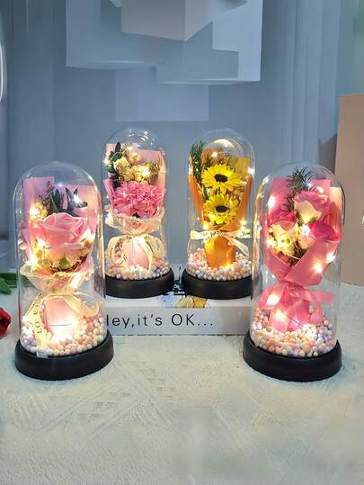 1件装人造装饰发光玫瑰花束礼盒，迷你向日葵花束，康乃馨氛围灯，郁金香人造花，永生花夜灯，创意装饰，送给她、妻子、妈妈的礼物，适合圣诞节、情人节、家居及房间装饰