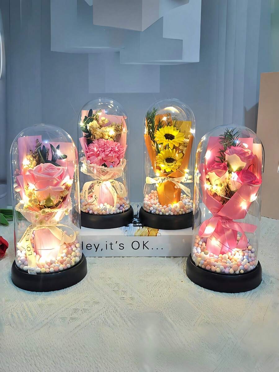 1件装人造装饰发光玫瑰花束礼盒，迷你向日葵花束，康乃馨氛围灯，郁金香人造花，永生花夜灯，创意装饰，送给她、妻子、妈妈的礼物，适合圣诞节、情人节、家居及房间装饰 - 彩色 - 查看 1