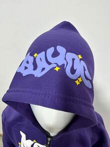 Y2K Retro Star And Letter Printed Zipper Hoodies,Spring Autumn Harajuku Y2K Women And Men Fashion Hip Hop Long Sleeve Hooded ,Avant-Garde - Street Casual Spring/Fall Loose Zipper Pocket Patched,Autumn And Winter Gothic Coat - Màu tím - Xem 3