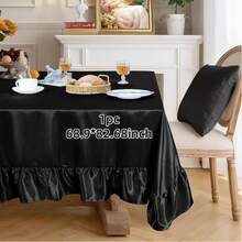 1pc Black Ruffle Satin Tablecloth, 68.9*82.68 Inches, Suitable For Wedding, Birthday Party, Dinner, Banquet, Restaurant, Holiday Dinner, Indoor Dining Table Decor - Multicolor - View 12