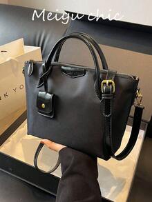 New Fashion Dual Handle Solid Color Nylon Waterproof Large Capacity Portable Tote Bag Shoulder Bag, Suitable For Short Trips And Outdoor Activities - Black - View 2