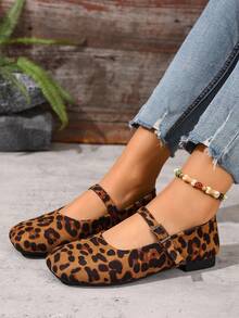 Women's Leopard Print Mary Jane Flat Shoes - Buckle Round Toe Casual Comfortable Shoes, Suitable For Daily/Work Wear