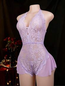 1pc Women's Sexy Lingerie, Sheer Lace Teddy, Lavender Color