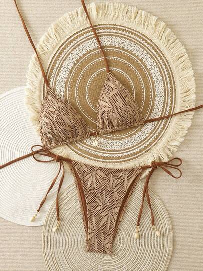 2 Stücke Damen Hoho Blatt Mesh Stoff Bikini Set, rückenfreier gehäkelter brauner Urlaubs-Sommer-Outfit, hochwertige Badeanzüge mit Muschel-Accessoires, Strandmode