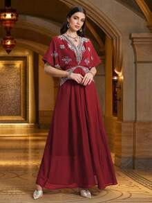 Women's V-Neck Solid Color Embroidered Elegant High Waistline Raglan Sleeve Maxi Arabian Dress Spring - Burgundy - View 5