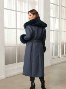 Women's Wool Blend Coat With Faux Fur Collar, Cuffs And Belt - Fashionable Long Jacket For Cold Weather - Light Blue - View 3