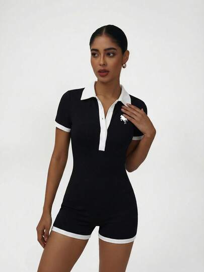 休闲简约学院风马标图案女式Polo领连体裤，适合秋冬季节，百搭风格，复古学院风