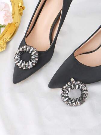 2pcs Detachable DIY Shoe Accessories, Rhinestone Metal Black Square & Round Buckle Decor For Elegant High Heels, Fashion Accessories For Women Pumps, Dress Shoes, Bridal Shoes