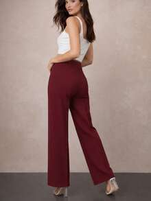 Pantalón cintura alta mujer dama estilo formal vestir minimalista elegante ideal oficina uso cotidiano versátil cómodo apto todas las estaciones fiesta evento cena salida - Vino - Ver 4