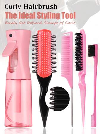 Set de 5 cepillos desenredantes, nueva edición con peine de nueve filas, diseño de ranura en ambos lados, mejora la definición y separación de los rizos, botella rociadora de 200ml, cepillo para esponjar el cabello, peine de cola de rata, cepillo para el flequillo, adecuado para cabello africano con patrones de rizo del 3a al 4c, desenreda fácilmente el cabello húmedo o seco, ideal como regalo de San Valentín para mujeres, regalo de cumpleaños o regalo para tu novio o novia