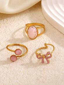 3pcs/Set Stainless Steel Fashionable Pink Geometric Oval & Round Bow Tie Ring Set, Suitable For Women Everyday Wear - Multicolor - View 4
