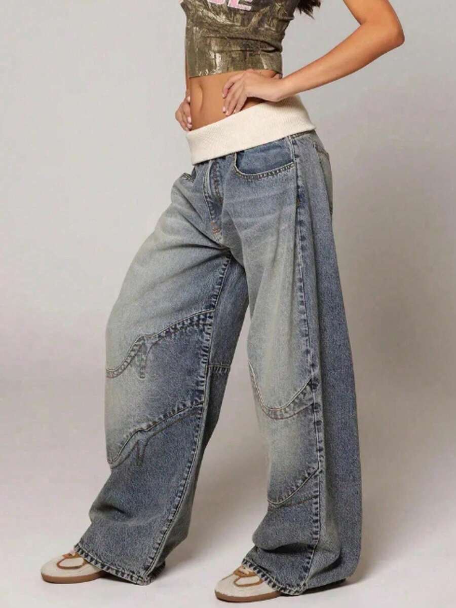 Y2K Womens Baggy Jeans Vintage Oversized Pants Aesthetic Hip Hop Jeans Denim Graphic Jean Grunge Pants With Pockets - Xanh cổ điển - Xem 1
